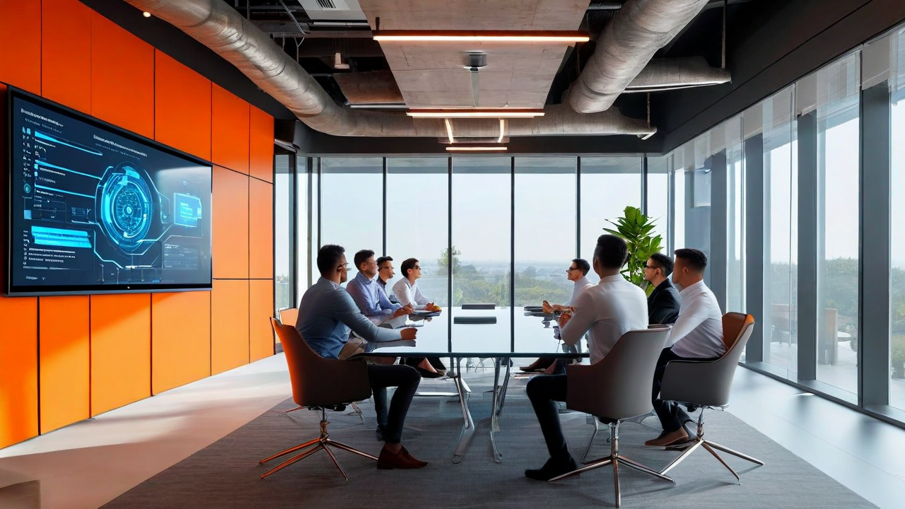 Professional business consultation meeting with AiraWorks team presenting AI solutions on a large screen to potential clients in a modern conference room with orange accent walls