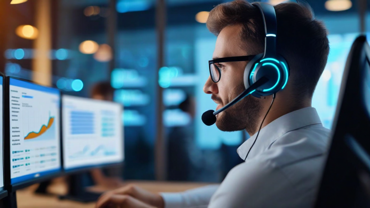 Customer service representative using AI-powered interface to assist customers, with sentiment analysis, chatbot suggestions, and personalization recommendations displayed on multiple screens