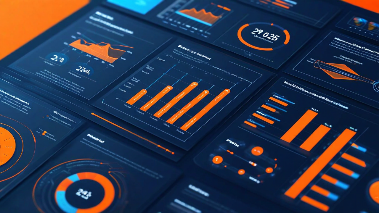 Modern AI platform dashboard showing real-time analytics, machine learning models, and business intelligence visualizations with orange and blue interface elements
