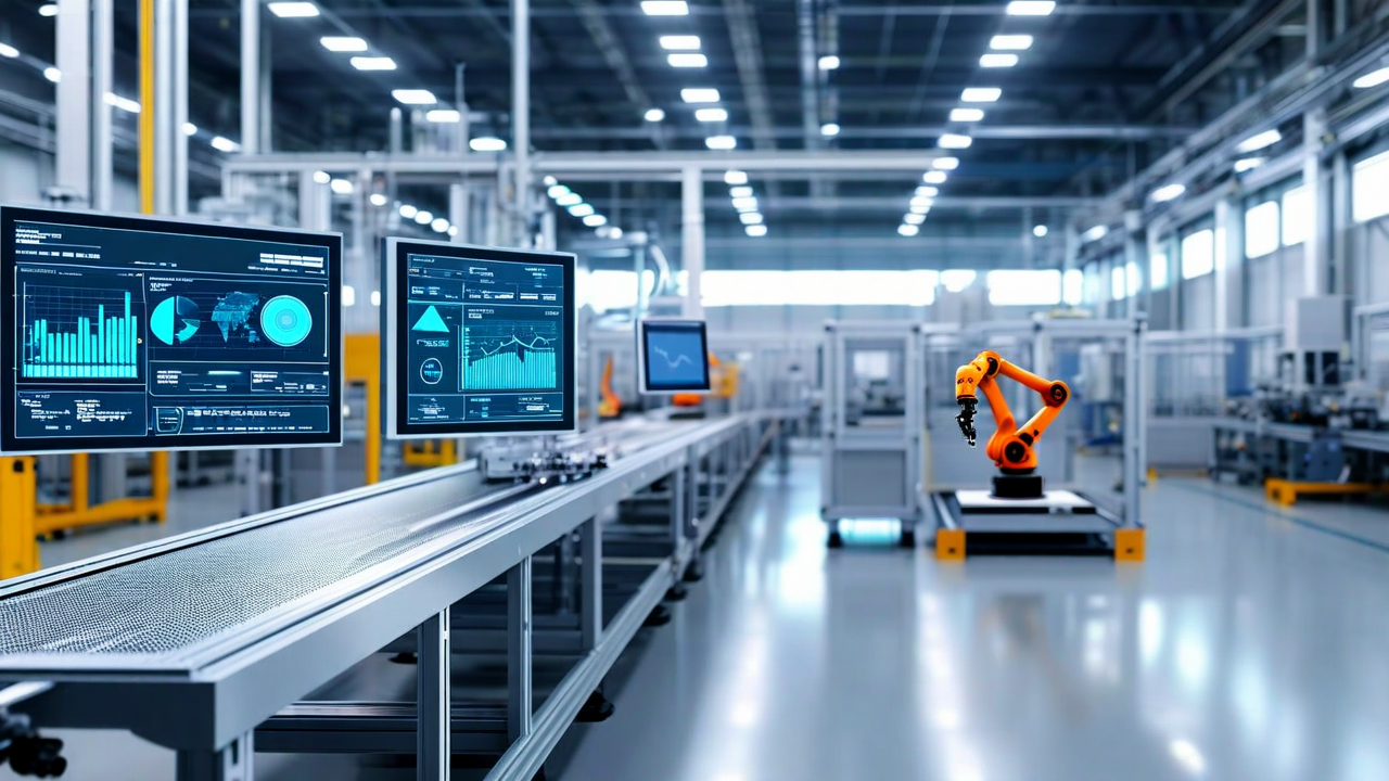 Smart manufacturing facility with robotic systems, AI-powered quality control cameras, predictive maintenance sensors, and real-time production monitoring displays showing efficiency metrics