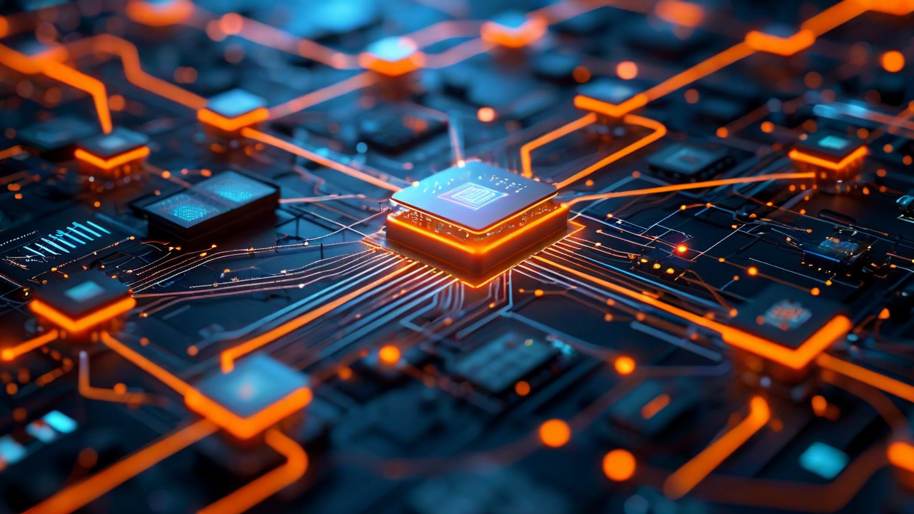 Comprehensive AI platform architecture diagram showing interconnected modules for data processing, machine learning, analytics, and deployment with orange connecting lines and modern interface design