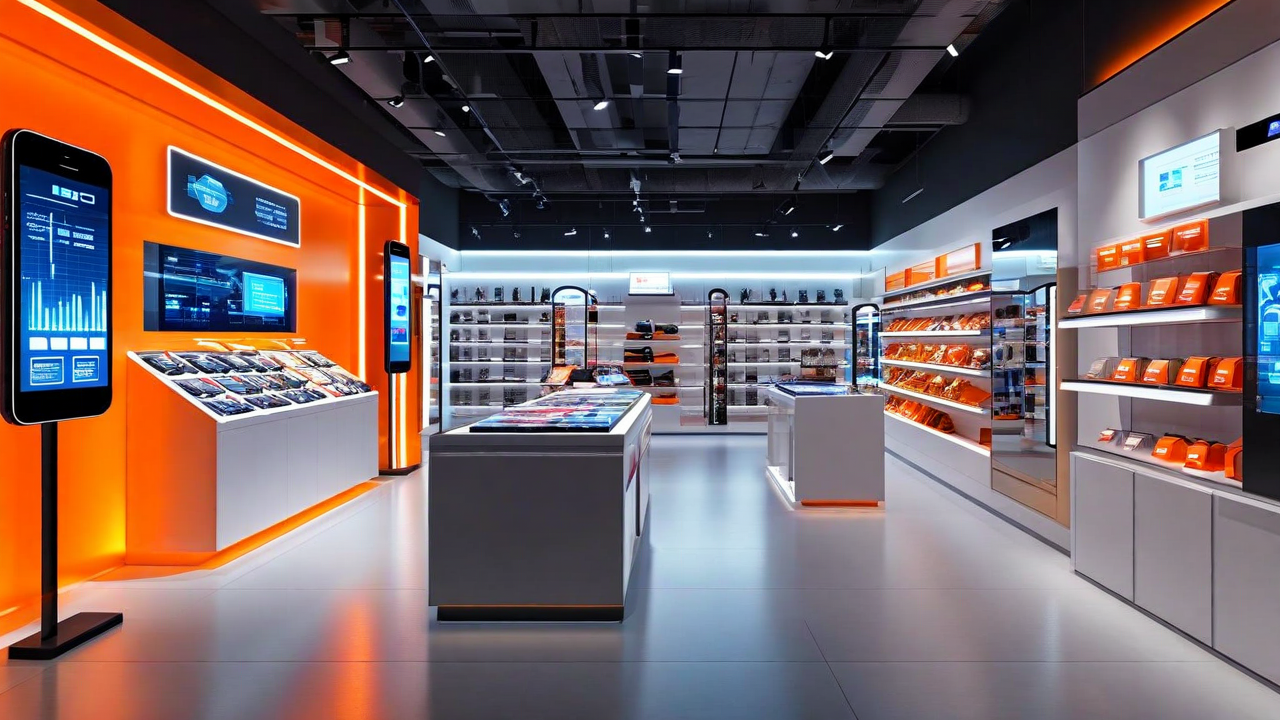 Modern retail store with AI-powered digital displays, smart shelving systems, customer analytics screens, and mobile point-of-sale systems, featuring orange accent lighting and futuristic design elements