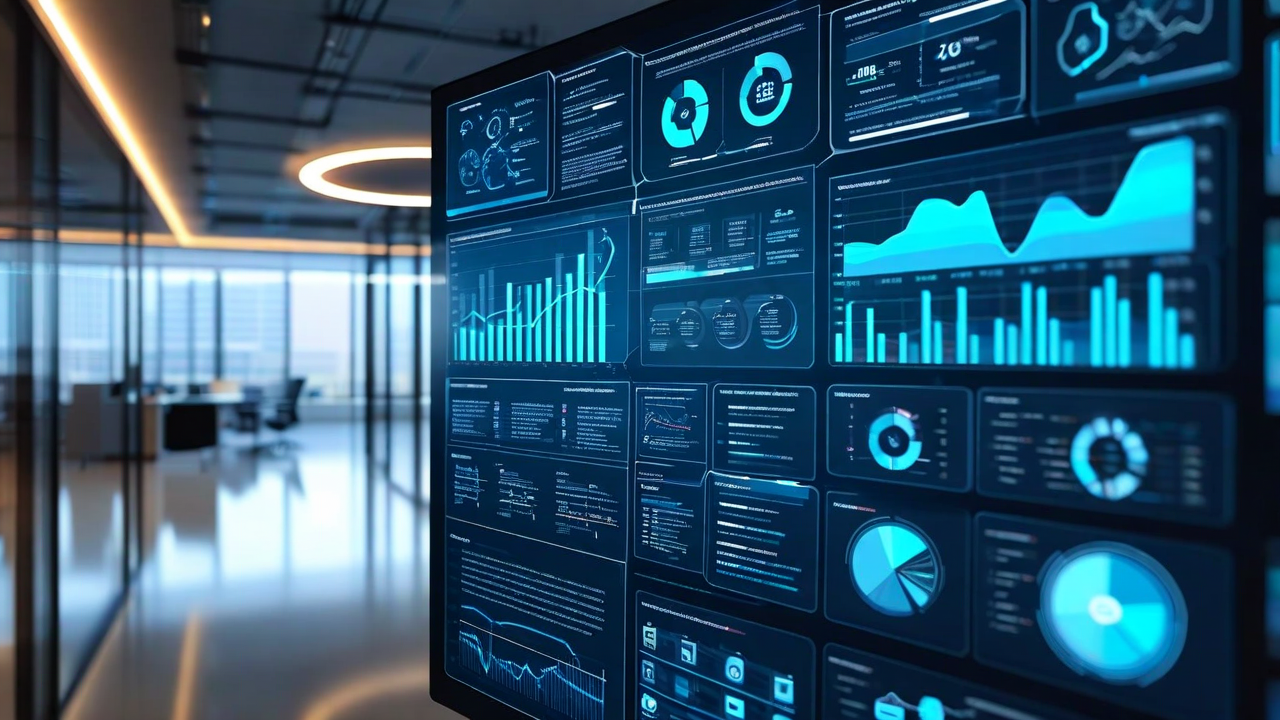 Intelligent building management system showing IoT sensors, automated lighting and climate control, occupancy analytics, and energy optimization dashboards in a modern office or commercial space