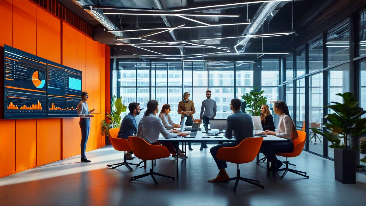 Diverse team of AI engineers and business professionals collaborating around a large screen displaying AI analytics and machine learning workflows in a modern orange-themed office environment